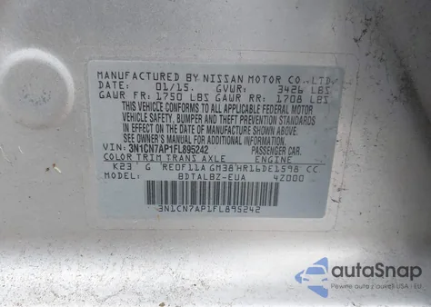 2015 Nissan Versa 1.6 Sv from USA, damaged, VIN 3N1CN7AP1FL895242